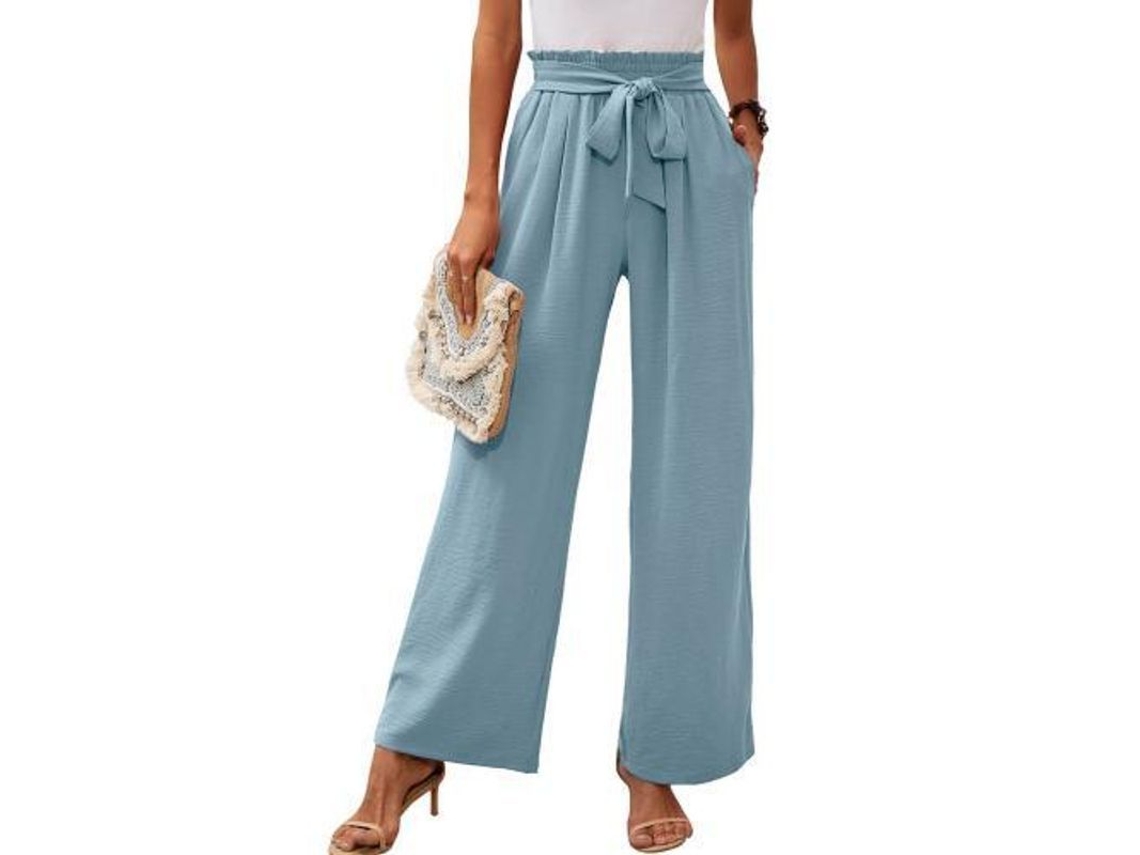 2026 pantalones de Descanso de Pierna Ancha para Mujer Con Bolsillos Ligeros de Cintura Alta Ajustable Con Lazos L Azul