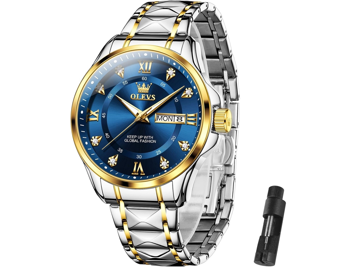 Lurelia Relógio Cronógrafo Masculino, Movimento De Quartzo, Luminoso, Detalhes Com Strass, Aço Inoxidável, Dourado