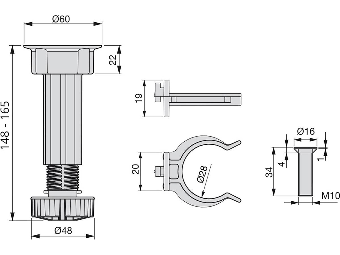 Pés Niveladores EMUCA Regulável 148 -165 mm (Preto)