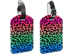 Conjunto De 2 Etiquetas Bagagem Em Imitação Couro Proteção Privacidade Degradê Verde Rosa Azul Estampa Leopardo