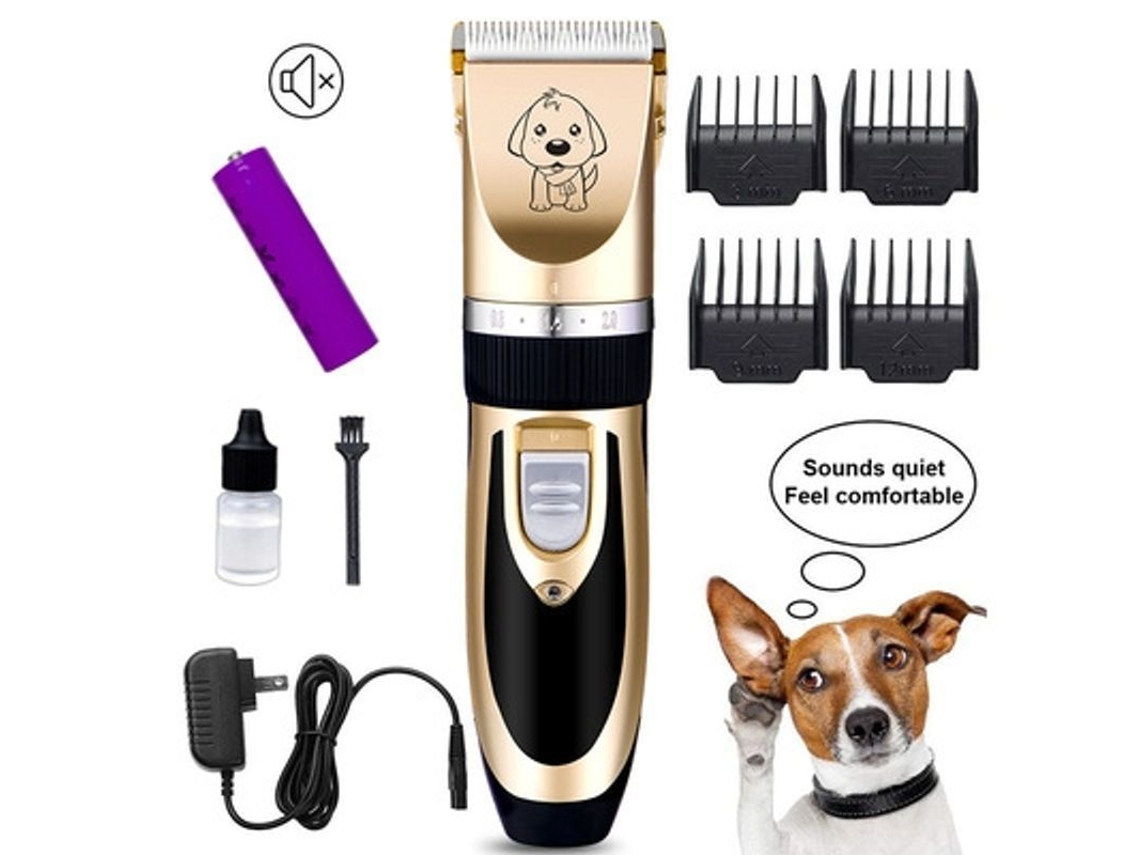 Cortadora De Cabelo Para Animais De Estimação Recarregável Ultra Silenciosa Sem Fio Com 4 Pentes Ajustáveis Para Cães E Gatos Cor Ouro