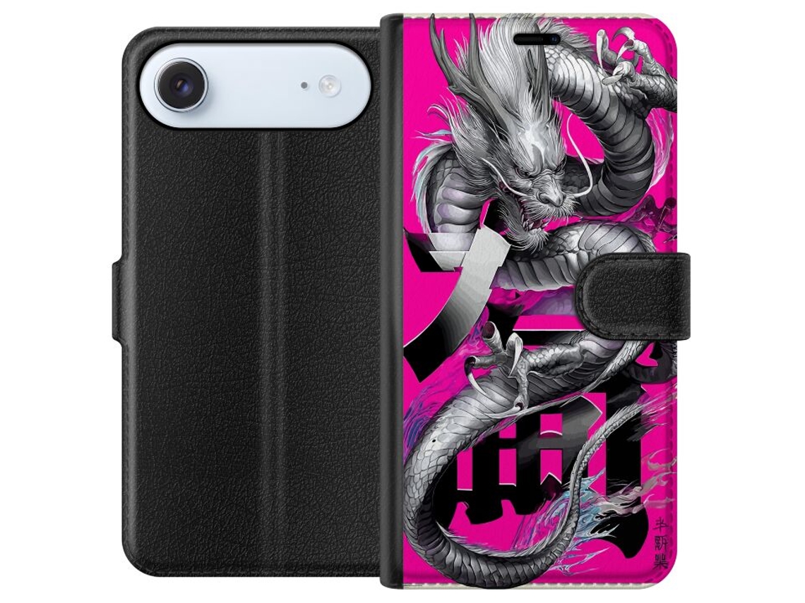 Capa Carteira Compatível Com Apple Iphone Air. Poderoso Dragão Prateado Em Pose Dinâmica Contra Um Forte Fundo Rosa Com Design De Fantasia Detalhado.
