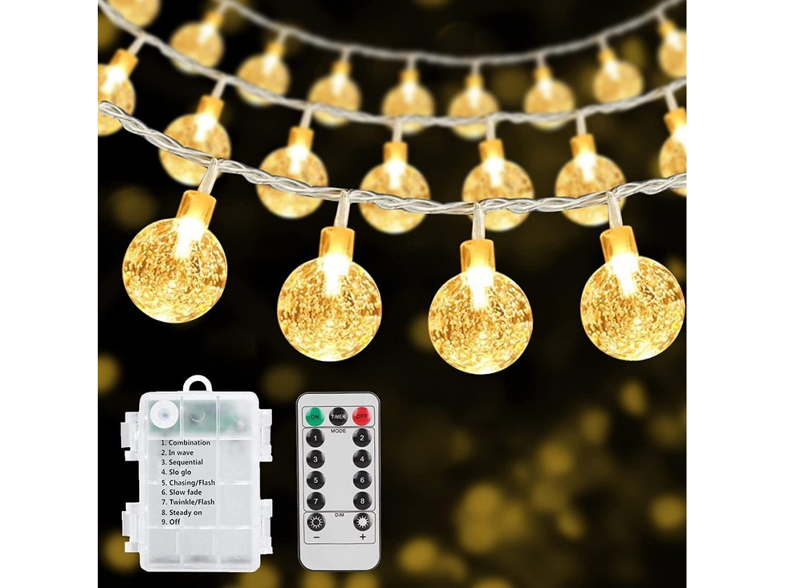 Corda de Luz de Bola de Cristal com Controle Remoto em Tom Quente 12 Metros com 100 Luzes Usb e Caixa de Pilhas ZMDECQNA