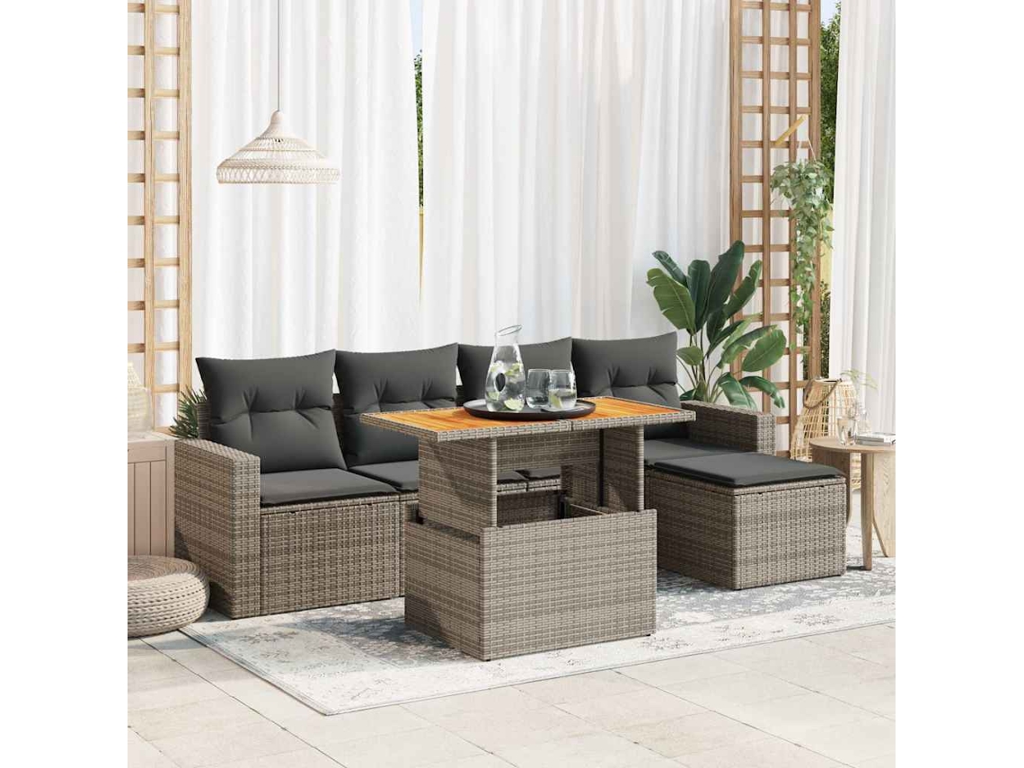 Vidaxl 6 Pcs Conjunto Sofás De Jardim Com Almofadões Vime Cinzento
