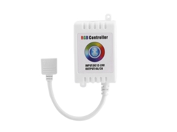 Controlador Bluetooth RGB Semi Fio para celular com LED branco, controle remoto Bluetooth e dimerização RGB.