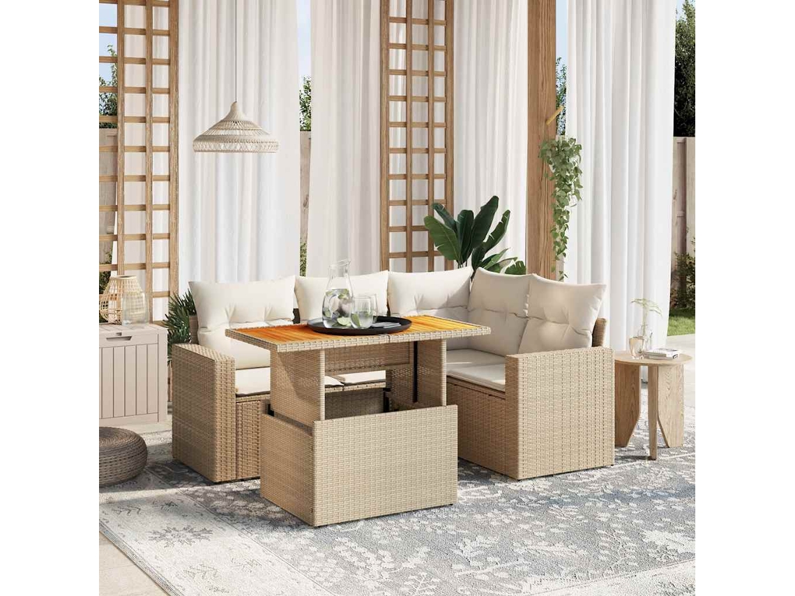 Vidaxl 5 Pcs Conjunto De Sofás P/ Jardim Com Almofadões Vime Pe Bege