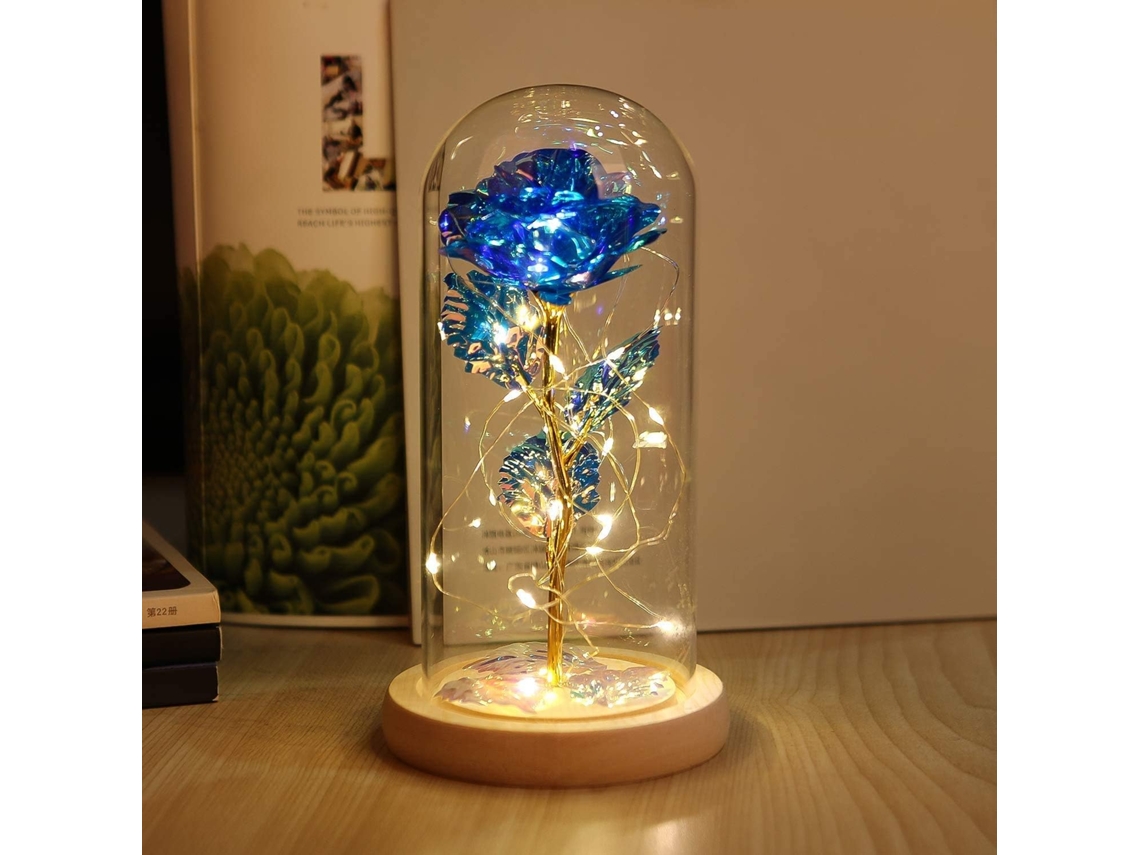 Luminária de Rosa Dourada com Led em Cúpula de Vidro