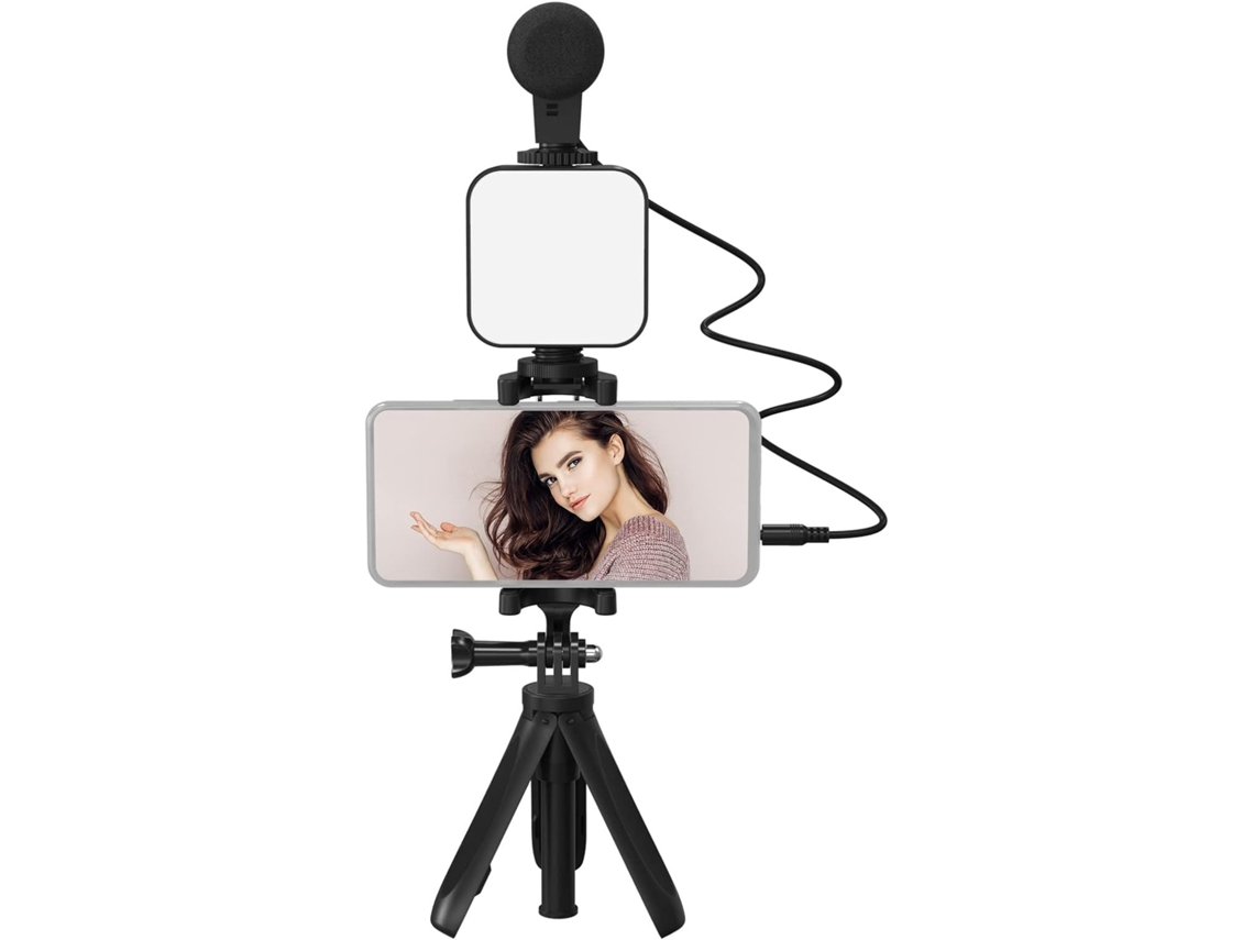 Kit Compacto para Vlogs com Smartphone, Incluindo Câmera, Celular, Luz Led, Suporte/presilha e Cabo de 3,5 Mm. SFUSHOS