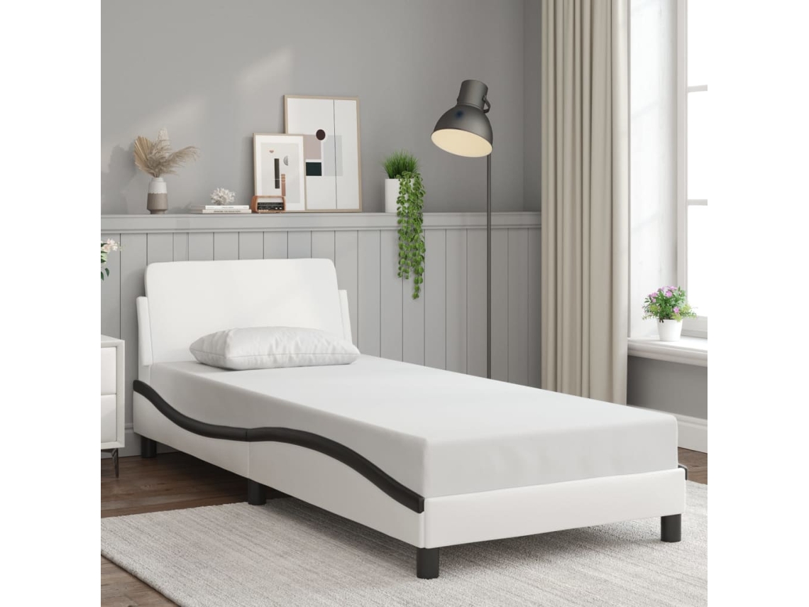 Estrutura Cama C/ Cabeceira Couro Artificial Branco E Preto