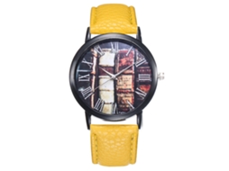 Relógio de quartzo unissex com pulseira de PU e mostrador redondo T431 (amarelo)