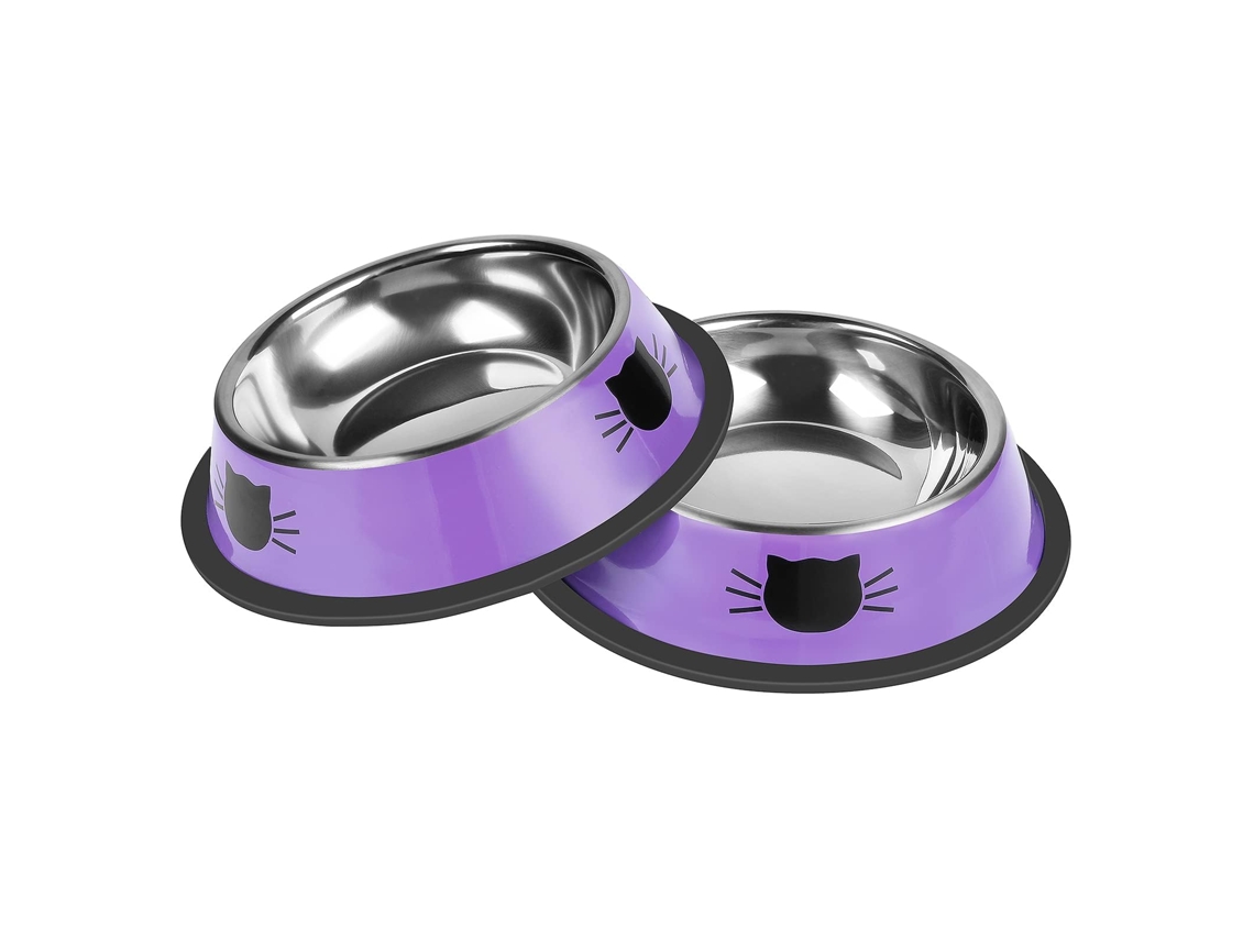 Tigelas de Aço Inoxidável para Ração de Gatos, Pacote com 2 Unidades, Antiderrapantes, com Base Removível, Resistentes, 200ml, na Cor Roxa AQUAFORGE