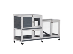 Coelheira De Madeira Com Rodas 147x45,5x88,5cm Gaiola Para De 2 Níveis Com Teto Abatível 2 Cercados De Metal 3 Bandejas Removíveis 3 Portas Com Trava