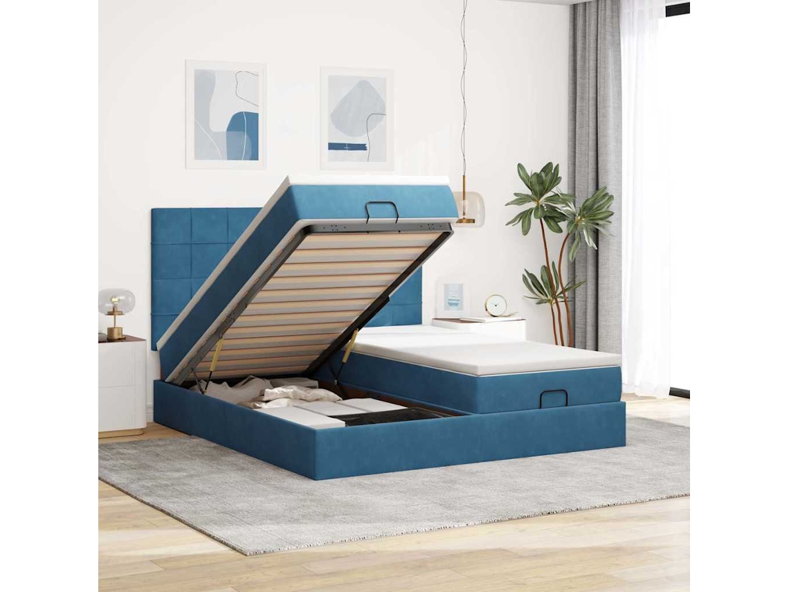 Estrutura De Cama Otomana Com Colchão Azul Escuro Veludo