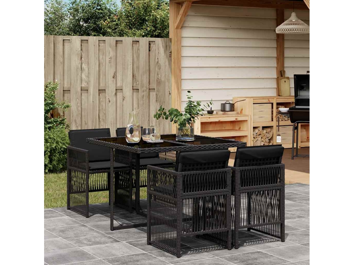 Vidaxl 5 Pcs Conjunto de Jantar P/ Jardim C/ Almofadões Vime Pe Preto