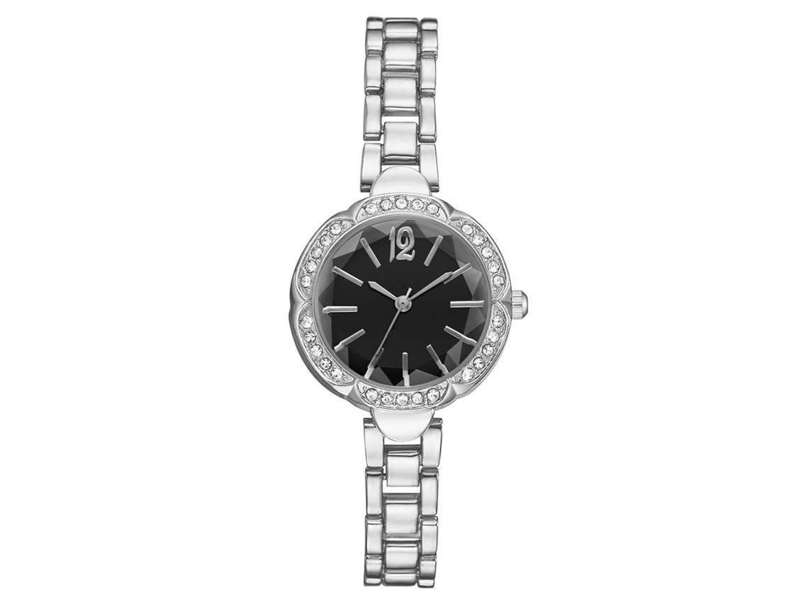 Relógio de Pulso Feminino de Quartzo com Strass Pulseira de Aço Liga Prata Preto