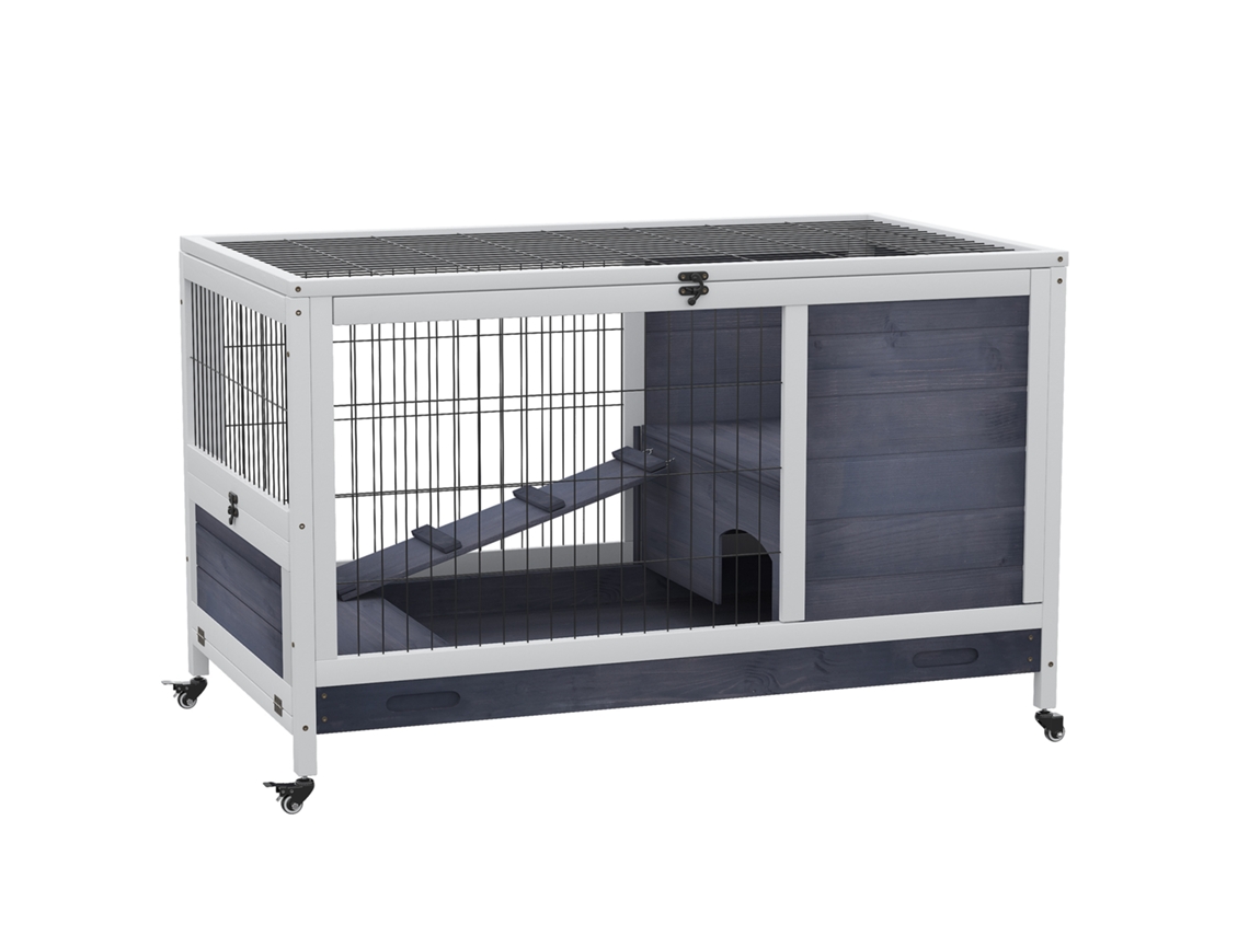 Gabbietta Conigli Porcellini D ' India Conigliera W/ 4 Wheels. Casetta. Rampa Vassoio Removable Natural Wood Gray White 90x53x59cm