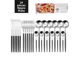 Conjunto de Jantar de Aço Inoxidável com 24 Peças, Incluindo Faca, Colher, Garfo e Talheres Prateados Estilo Ocidental. MDUG (preto e Prata)