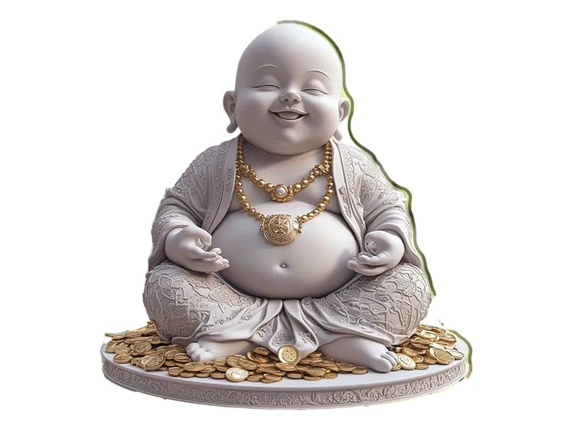Buda De Acrílico Giratório Plano 2d Com Moedas De Ouro E Bol