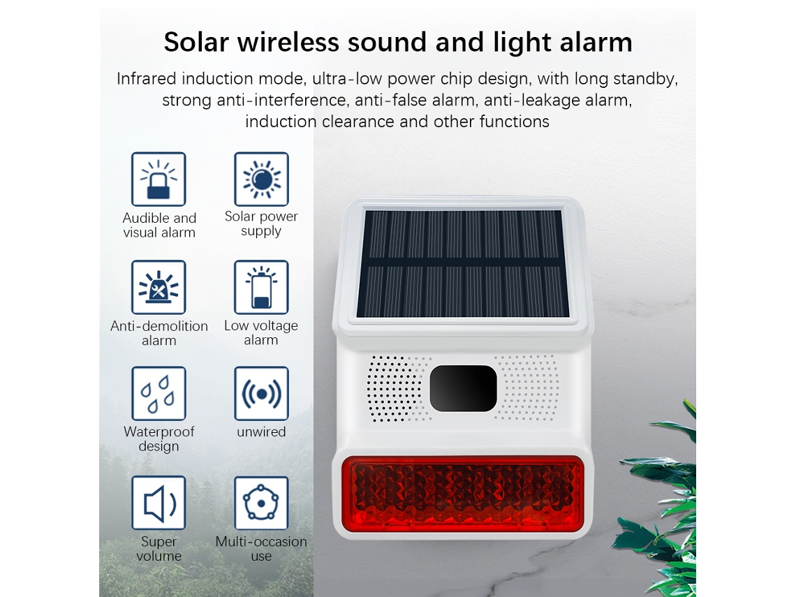 Alarme Solar Estroboscópico com Sensor de Movimento Ip65 Sirene 100db para Segurança Exterior