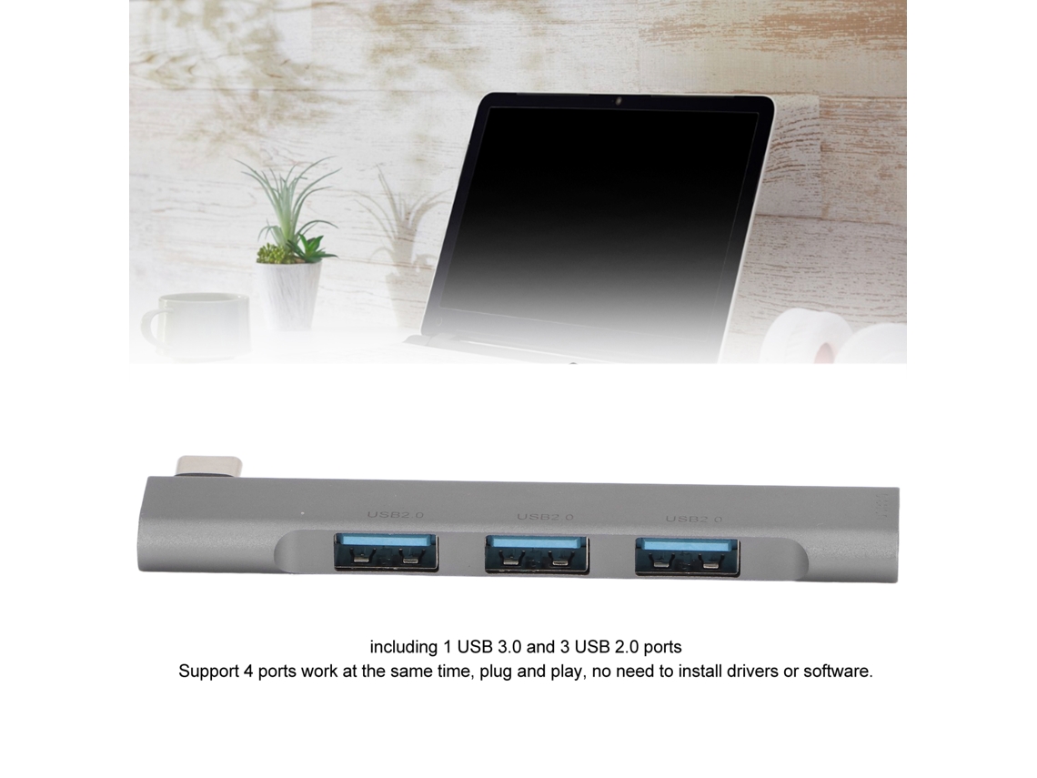 Estação De Acoplamento Usb C Cinza Com 4 Portas Para Notebook E Pc, Plug And Play Luz Dourada