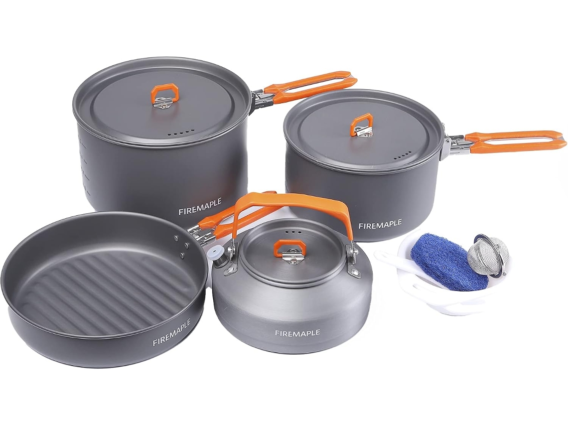 Conjunto de utensílios de cozinha para camping, kit de utensílios de cozinha para atividades ao ar livre com panelas, chaleira e caçarola.