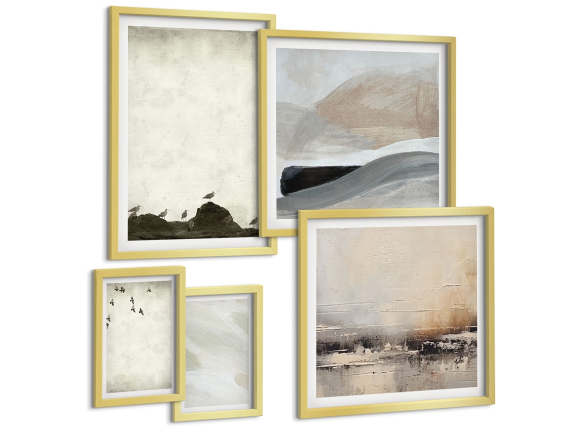 Composição De Quadros Montanhas Nuvens Árvores Pássaros Moldura Dourada Imagens Para Um Quarto Infantil Espelharte (conjunto De 5 Imagens)