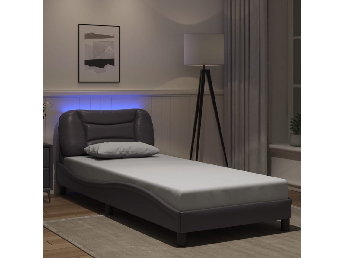 Estrutura De Cama C/ Luzes Led 80x200cm Couro Artificial Cinza