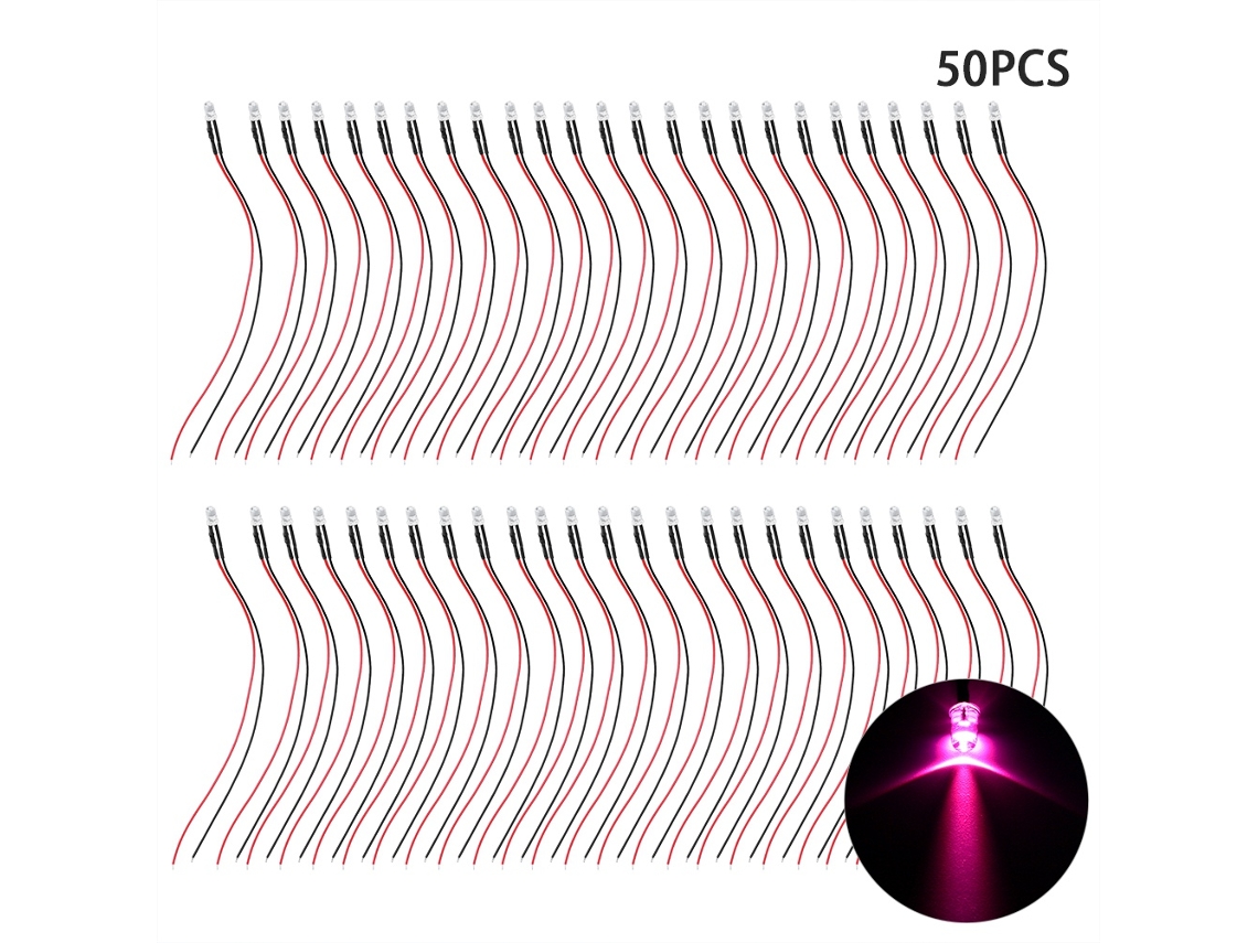 50 Peças Diodos Led De 12v Pré-cabos 5mm Cabeça Redonda Luz Rosa Destacada