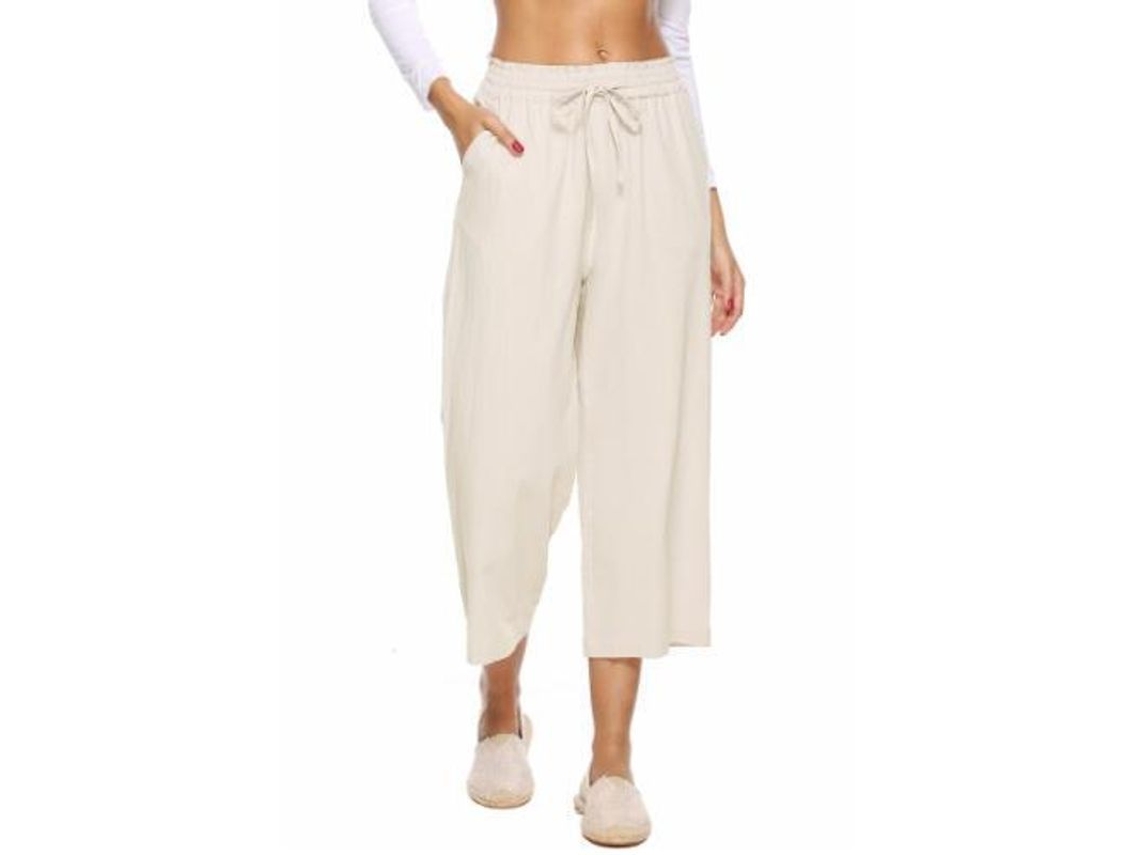 2026 pantalones de Lino para Mujer de Cadera Alta de Pierna Ancha Con Cordón Y Bolsillos L Bege