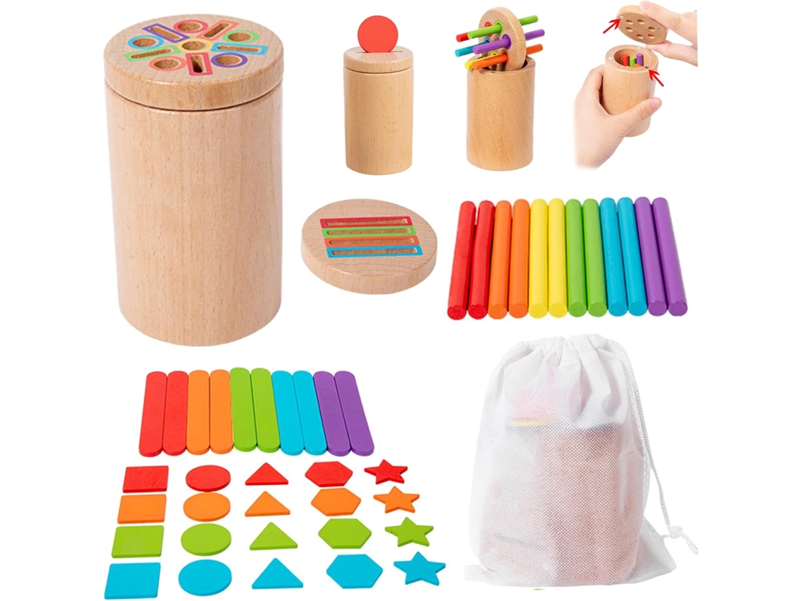 Brinquedo Sensorial De Classificação Cores 3 Em 1, Madeira Com Tampa
