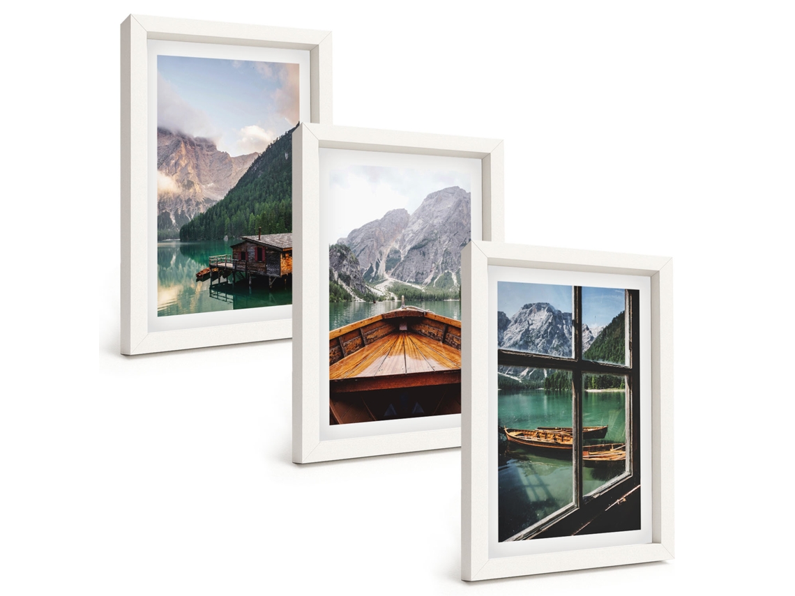 Galeria De Pinturas Murais Lago Na Montanha, Barco, Chalés Moldura Branca Fotos Para O Escritório Espelharte (3 Peças 20x30 Cm)