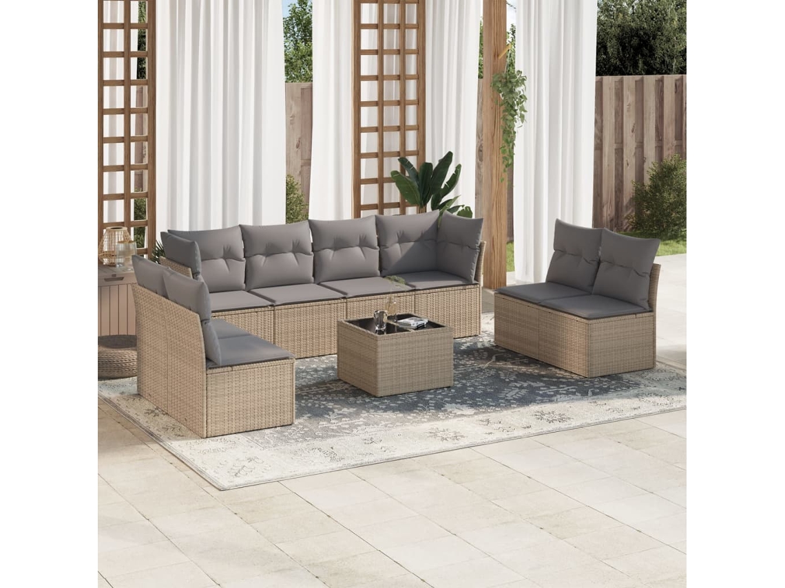 Vidaxl 9 Pcs Conjunto De Sofás P/ Jardim Com Almofadões Vime Pe Bege