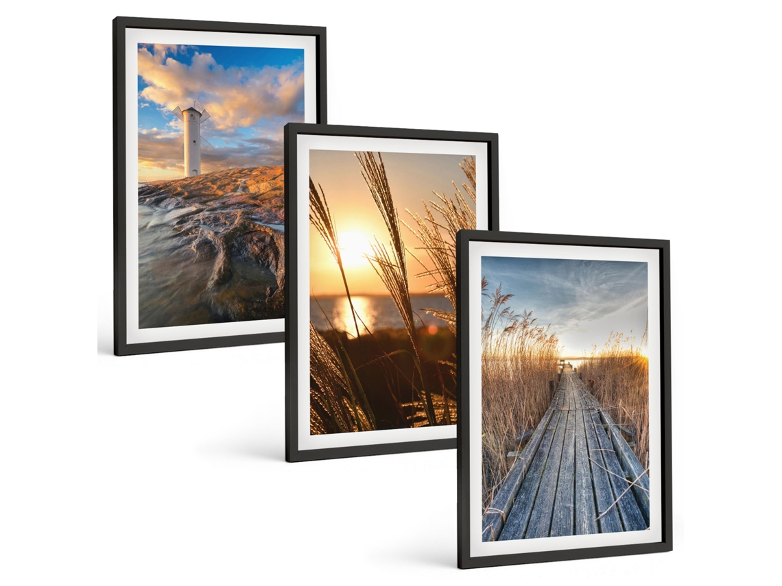 Composição De Quadros Na Parede Farol, Grama, Píer Moldura Preta Pinturas De Quarto Espelharte (3 Piezas De 40x60 Cm)