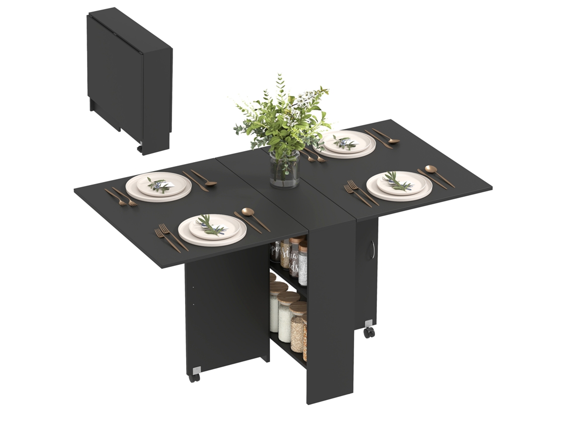 Mesa Dobrável de Cozinha com rodas, preta, 75x140x74cm