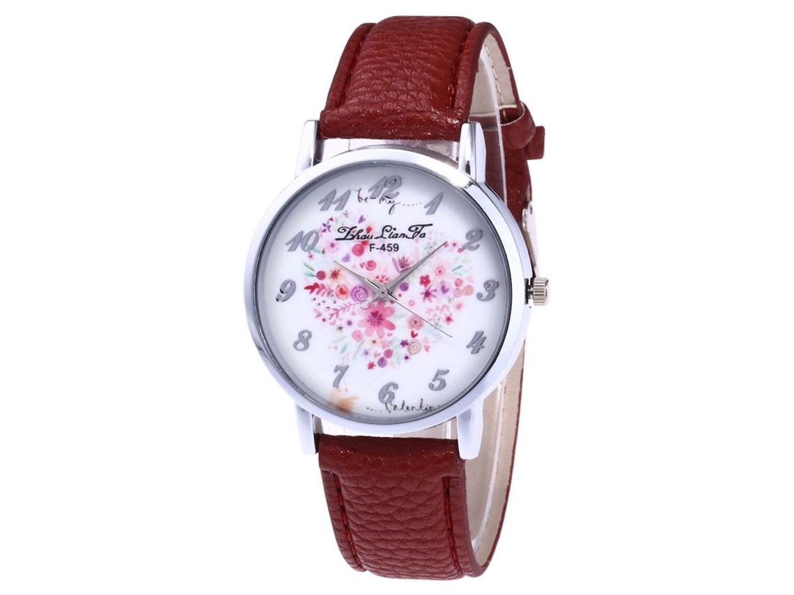 Relógio casual Zhoulianfa com mostrador grande e design floral, pulseira de couro PU marrom.