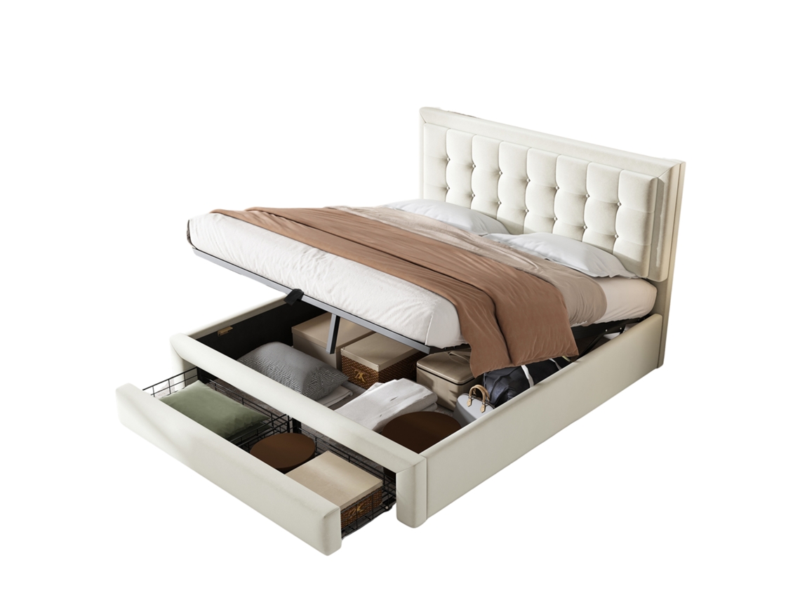 Cama Estofada 140x200 Cm com Cabeceira e Estrado de Ripas, cama de Casal com 2 Gavetas e Ajuste Hidráulico em Veludo Bege PAPRIKA
