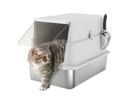 Caixa de areia para gatos, aço inox, com pá, claro cinza