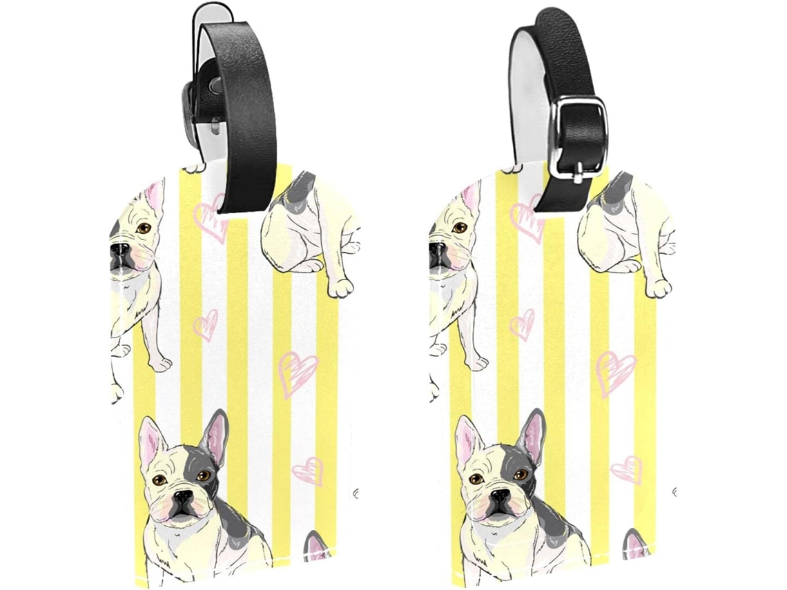 Conjunto De 2 Etiquetas Bagagem Em Couro Pu Com Design Bulldog Proteção Da Privacidade