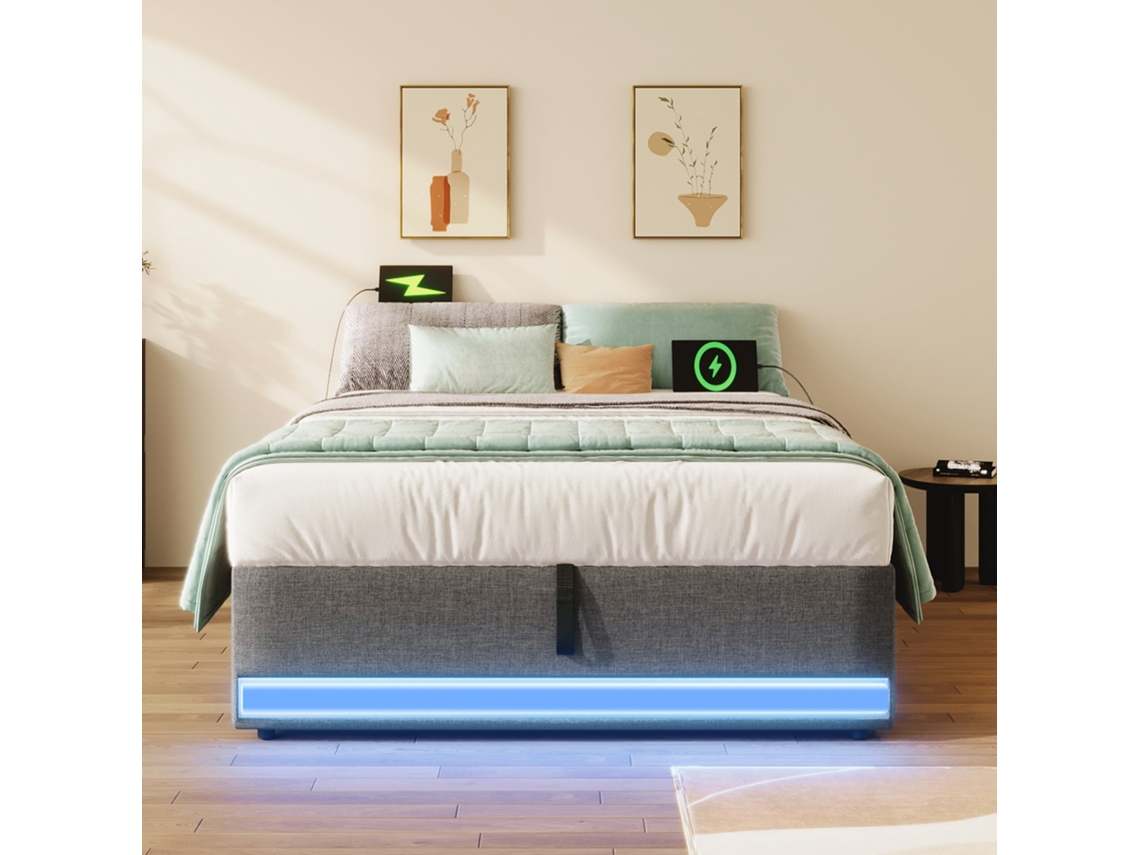 Cama acolchoada 90x200cm, armazenamento hidráulico, LED, multicolorido, USB, bolsos laterais, sem cabeceira, cinza, KOMHTOM