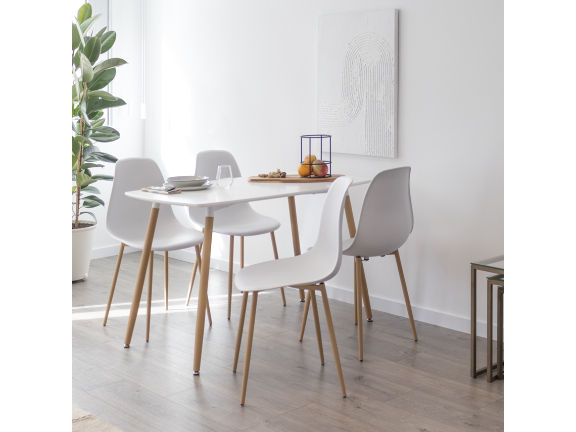 Conjunto De Mesa E 4 Cadeiras Felicia Hemans Brancas, Mesa Em Mdf 120 X 70 Cm, Pernas Metálicas Efeito Madeira, Pés Antiderrapantes - Mog Casa