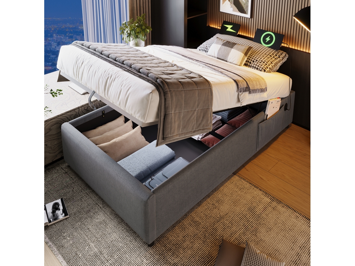Cama 90x200 Sem Cabeceira Com Usb-c Cinza