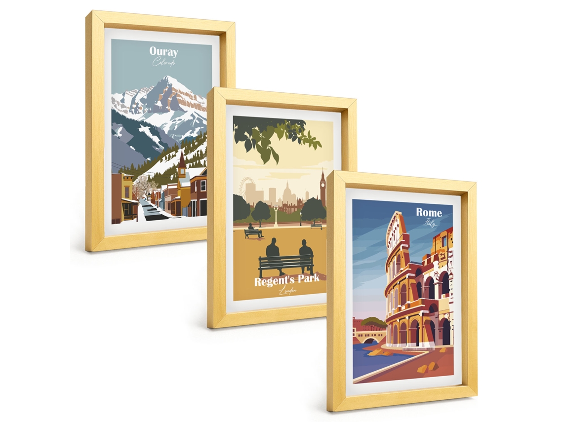 Um Conjunto De Imagens Decorativas Em Uma Molduramontanhas Ouray, Londres, Coliseu Moldura Dourada Pinturas De Quarto Espelharte (3 Peças 20x30 Cm)