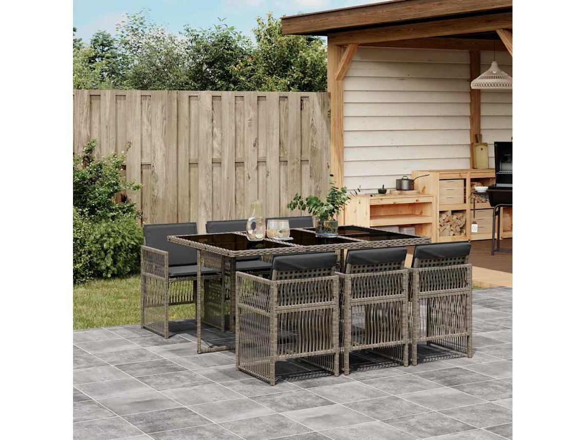 Vidaxl 7 Pcs Conjunto De Jantar P/ Jardim C/ Almofadões Vime Pe Cinza