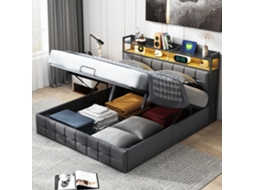 Cama 160x200cm Con Led, Tapizada Gris Con Amplio Espacio De Almacenaje, Somier De Láminas Con Muelles Metálicos, Cabecero Con Estante Y Puerto Usb