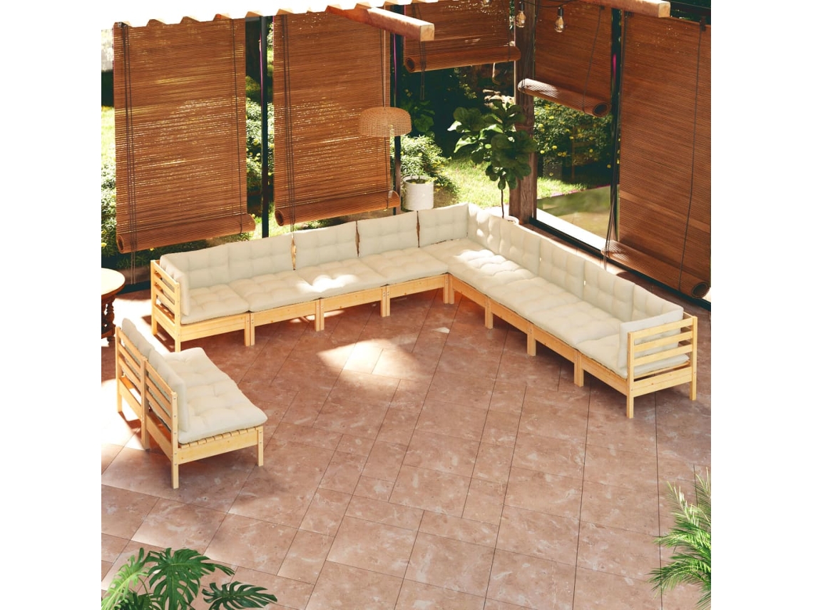 Vidaxl 11 Pcs Conjunto Lounge Jardim C/ Almofadões Creme Pinho Maciço