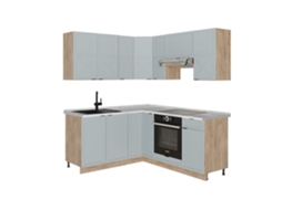 Cozinha Em Ângulo Fame Line, 160x190cm, Pt Mármore, Azul Claro Cinza / Carvalho Força De Ouro, Carvalho De Força Dourada, Vicco