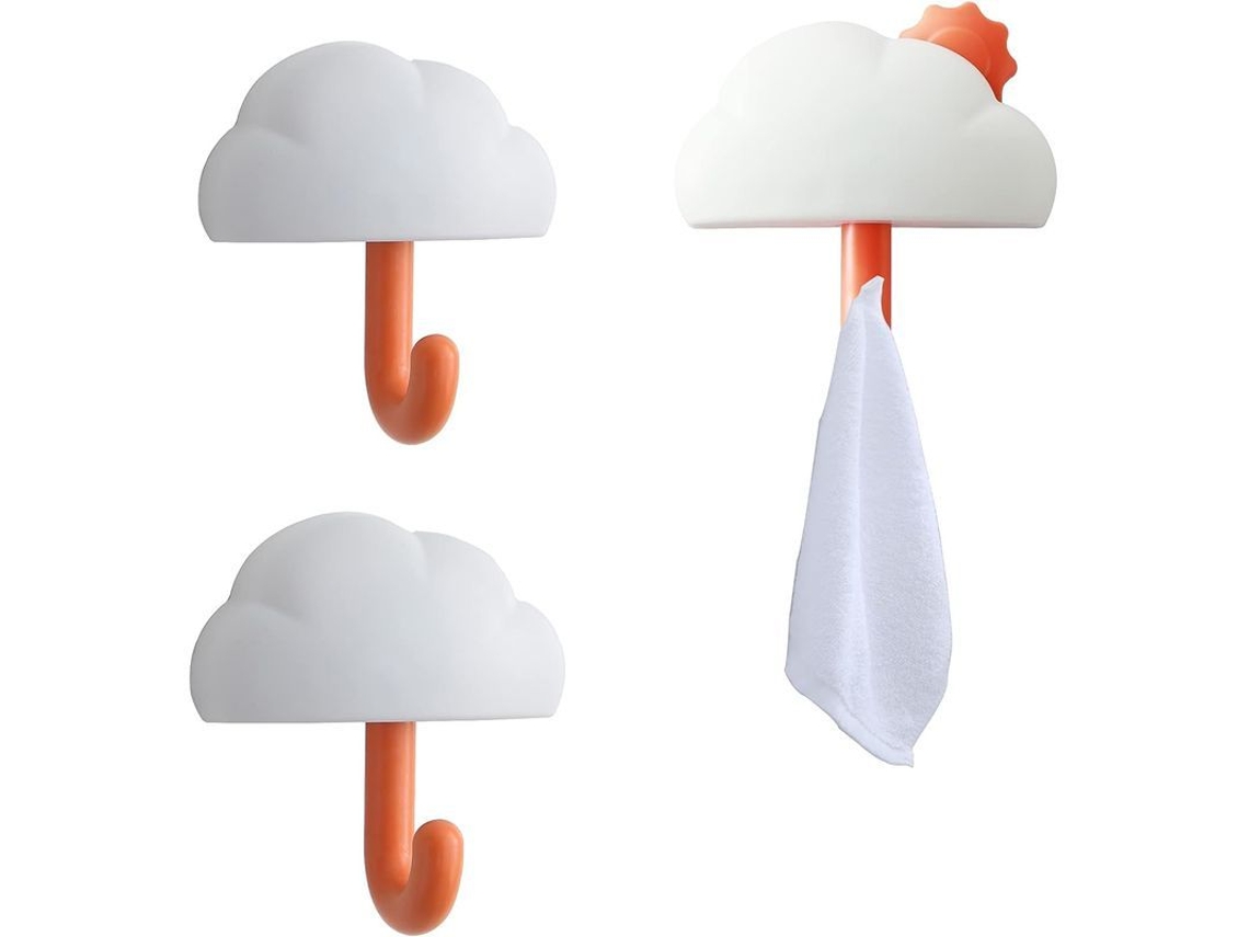 Conjunto de 3 ganchos de parede criativos em formato de nuvem com estrela e lua para cozinha, banheiro e quarto.