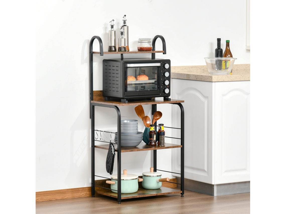 Estante de Cozinha Rústica Marrom para Micro ondas, 4 Prateleiras com Ganchos e Pés Ajustáveis, Armazenamento 60x40x125 Cm