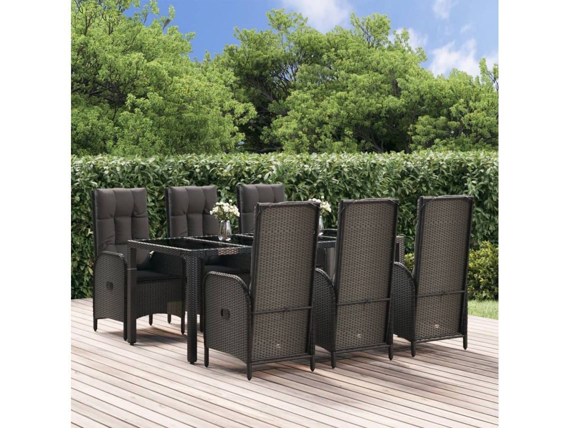 7 Pcs Conjunto Jantar Jardim C/ Almofadões Vime Pe Preto/cinza Dkd Home Decor