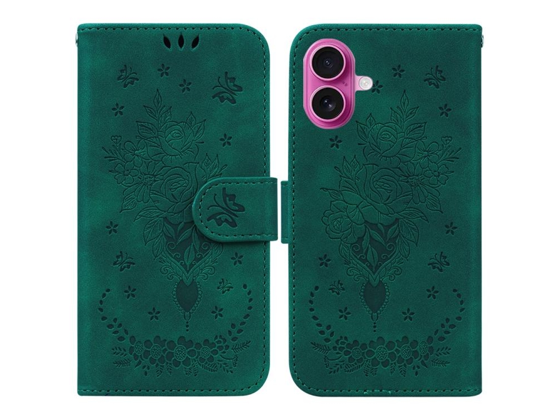 Capa Para Iphone 17 Em Couro Com Estampa De Borboleta E Rosa.